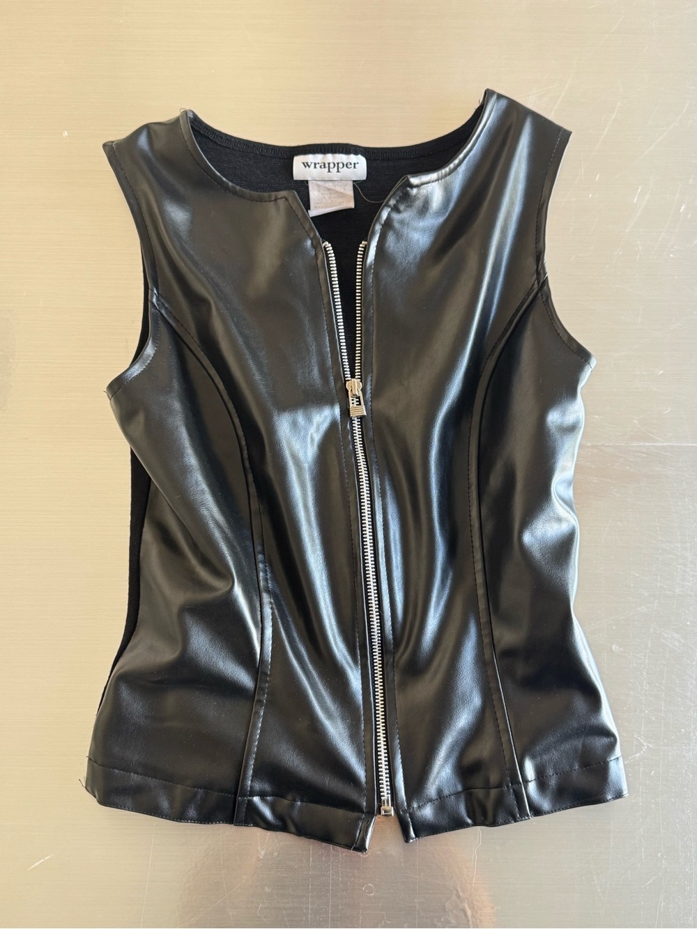 Wrapper Black spandex Leather Front-Zip Sleeveless Vest